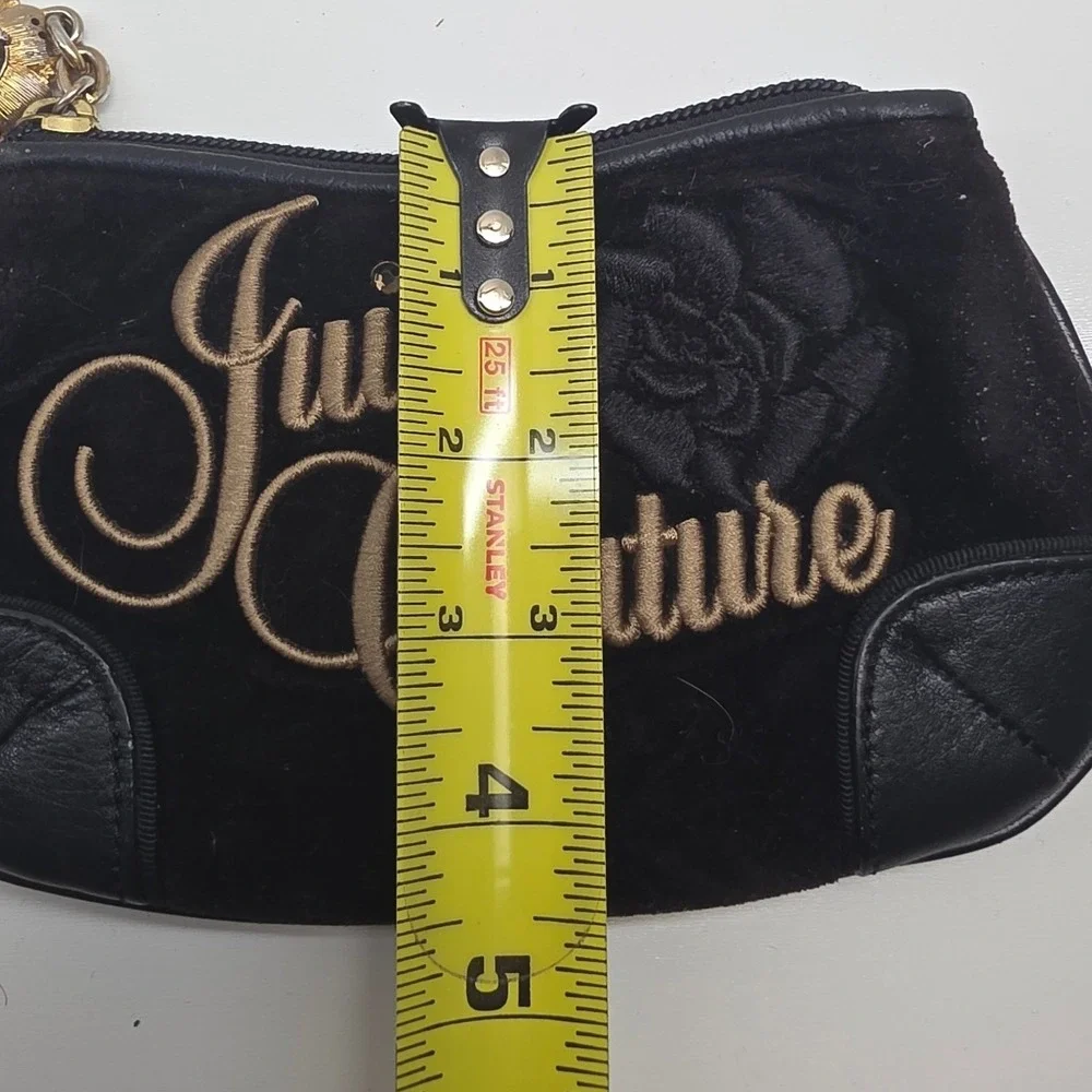 Juicy Couture Black Velour Wristlet Pouch Leather Trim Gold Logo Y2K Bag